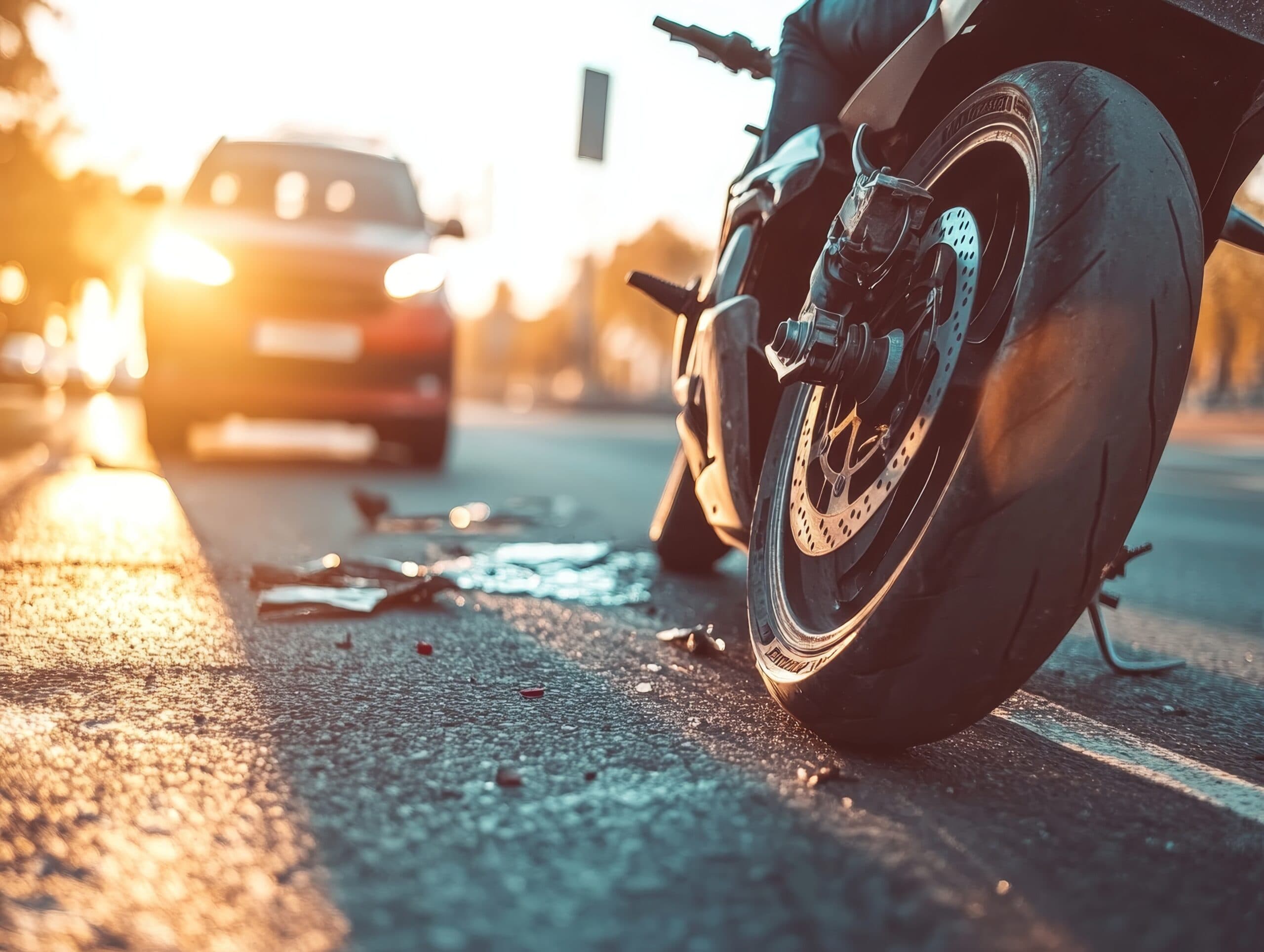 Motorcycle and car collision on road