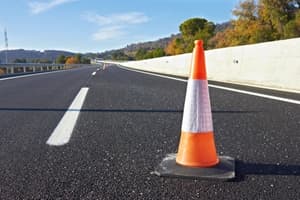 A close-up of an orange and white traffic cone placed on an empty highway, possibly after a car accident NSW, with a clear sky and trees in the background.