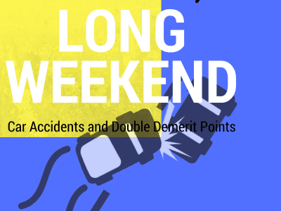 Two cars collide head-on in an illustration with the words "Queen's Birthday Long Weekend," highlighting "Car Accidents and Double Demerit Points" on a blue and yellow background.