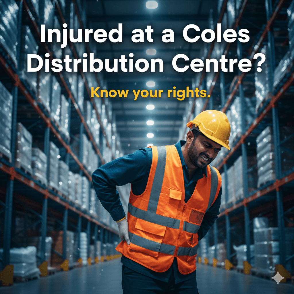 Injured Coles Distribution Centre worker experiencing back pain in a warehouse, with overlay text 'Injured at a Coles Distribution Centre? Know your rights.