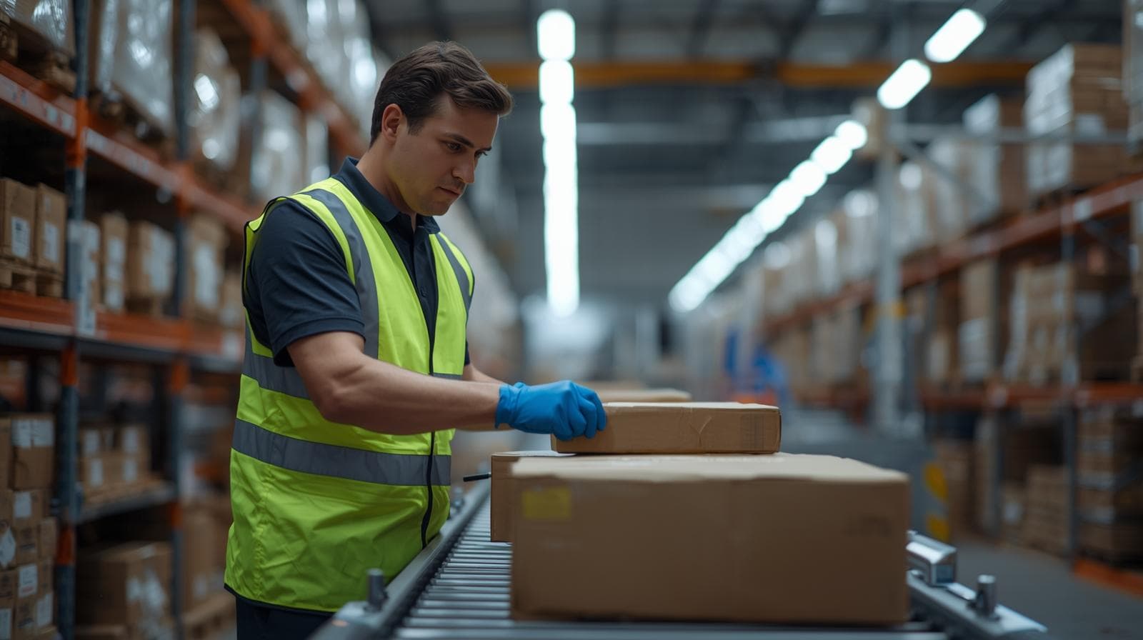 A warehouse worker wearing a yellow safety vest and blue gloves arranges cardboard boxes on a conveyor belt, surrounded by shelves filled with packages in a large, well-lit storage facility.